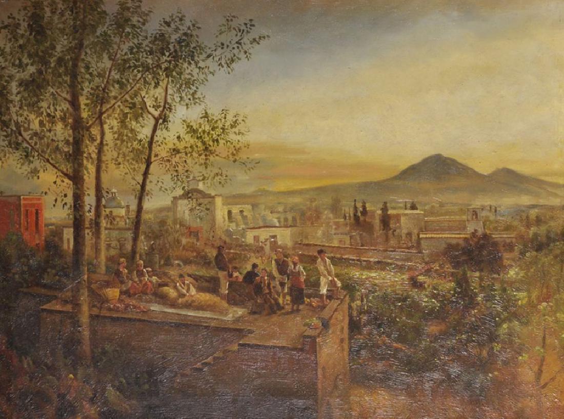 Manner of Oswald Achenbach (1827-1905) German. A: Manner of Oswald Achenbach (1827-1905) German. A Mountainous Landscape, with Figures on a Terrace, Oil on Canvas, 21" x 27.5".