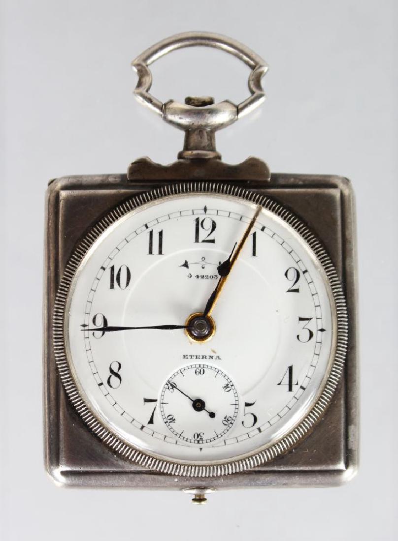 A BREVET SILVER SQUARE POCKET WATCH, No. 42203, ETERNA,: A BREVET SILVER SQUARE POCKET WATCH, No. 42203, ETERNA, with alarm.