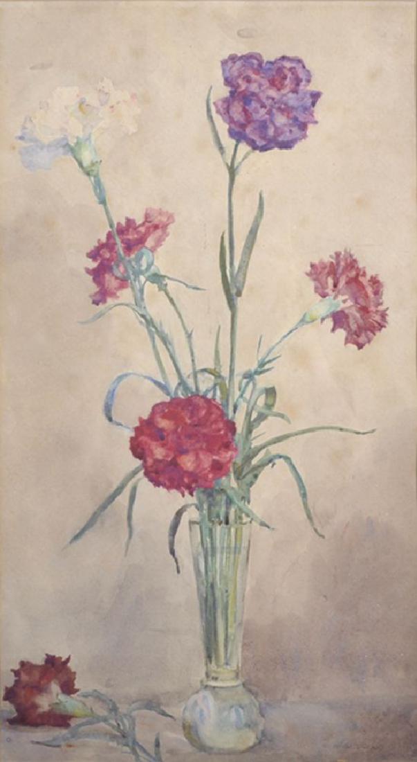 Attributed to Henry Scott Tuke (1858-1929) British.: Attributed to Henry Scott Tuke (1858-1929) British. Still Life of Flowers in a Glass Vase, Watercolour, Signed in Pencil, 17.75" x 9.5".