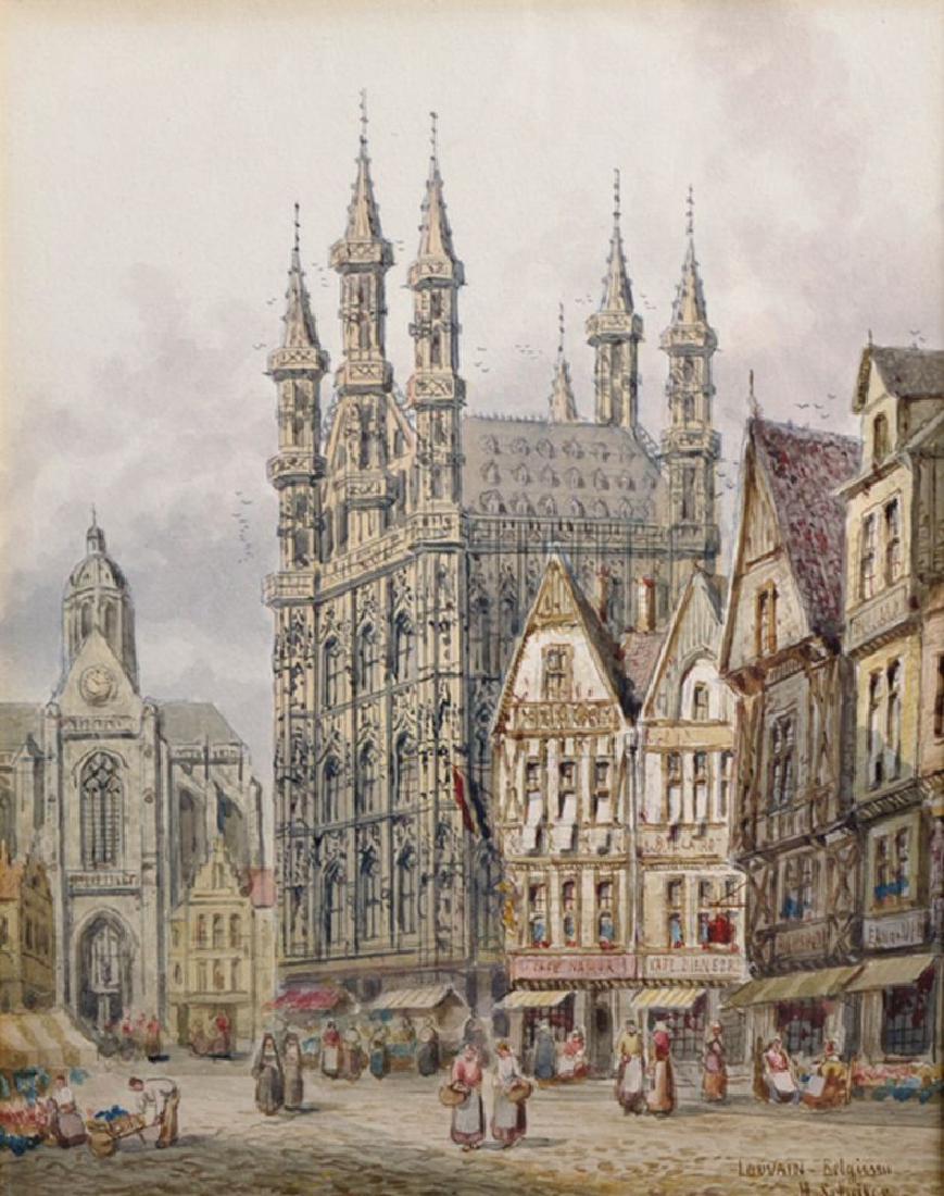 Henry Thomas Schaffer (1854-1915) British. "Louvain,: Henry Thomas Schaffer (1854-1915) British. "Louvain, Belgium", a Market Place with Figures, Watercolour, Signed and Inscribed, 9.75" x 7.75".