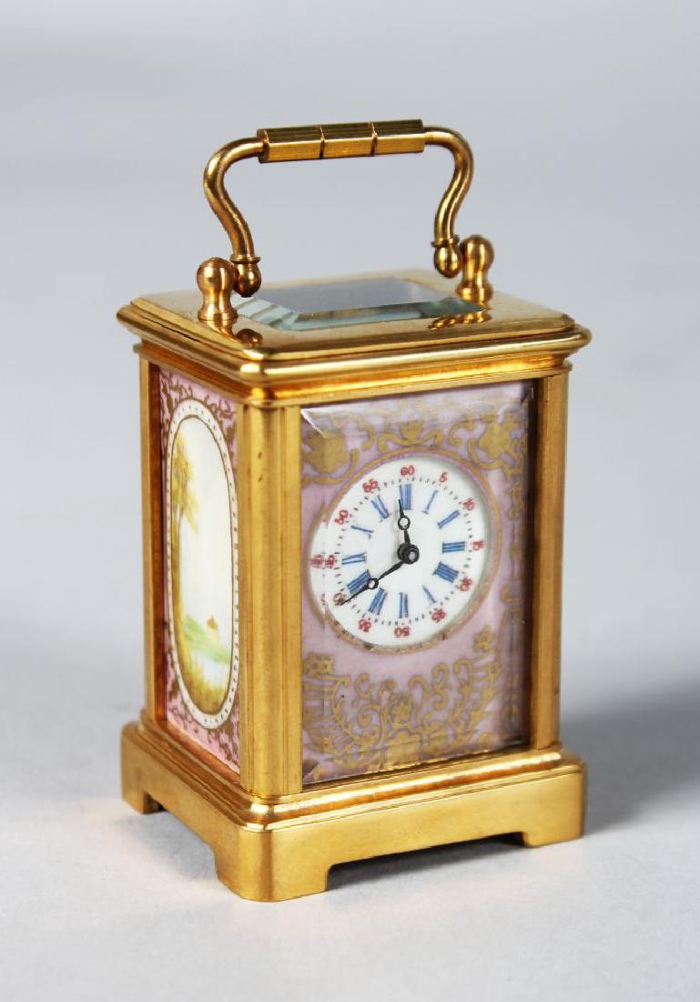 A MINIATURE SEVRES BRASS CARRIAGE CLOCK with pink (1 of 2)
