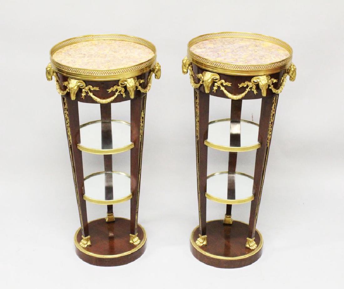 JOSEPH-EMMANUEL ZWIENER (1849-1895) A SUPERB PAIR OF: JOSEPH-EMMANUEL ZWIENER (1849-1895) A SUPERB PAIR OF ROSEWOOD ORMOLU MOUNTED GUERIDONS, with brass circular gallery, marble top, three tapering legs with two mirrored sections, on a circular base with
