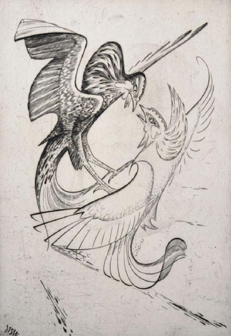 John Buckland Wright (1897-1954) New Zealand.: John Buckland Wright (1897-1954) New Zealand. "Cockfight", Etching, Signed, Dated '39 and numbered 16/30 in Pencil, Unframed, 8.5" x 5.75".