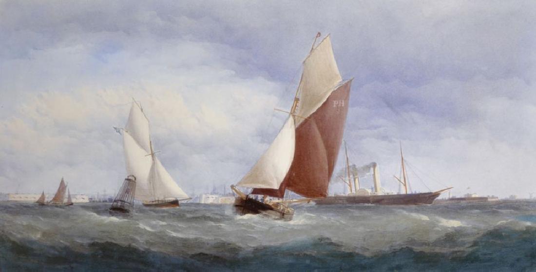 Charles Taylor (act.1841-1883) British. A Busy Shipping: Charles Taylor (act.1841-1883) British. A Busy Shipping Scene off Portsmouth, with Sailing Boats and a Paddle Steamer by a Buoy, Watercolour, 16" x 32".