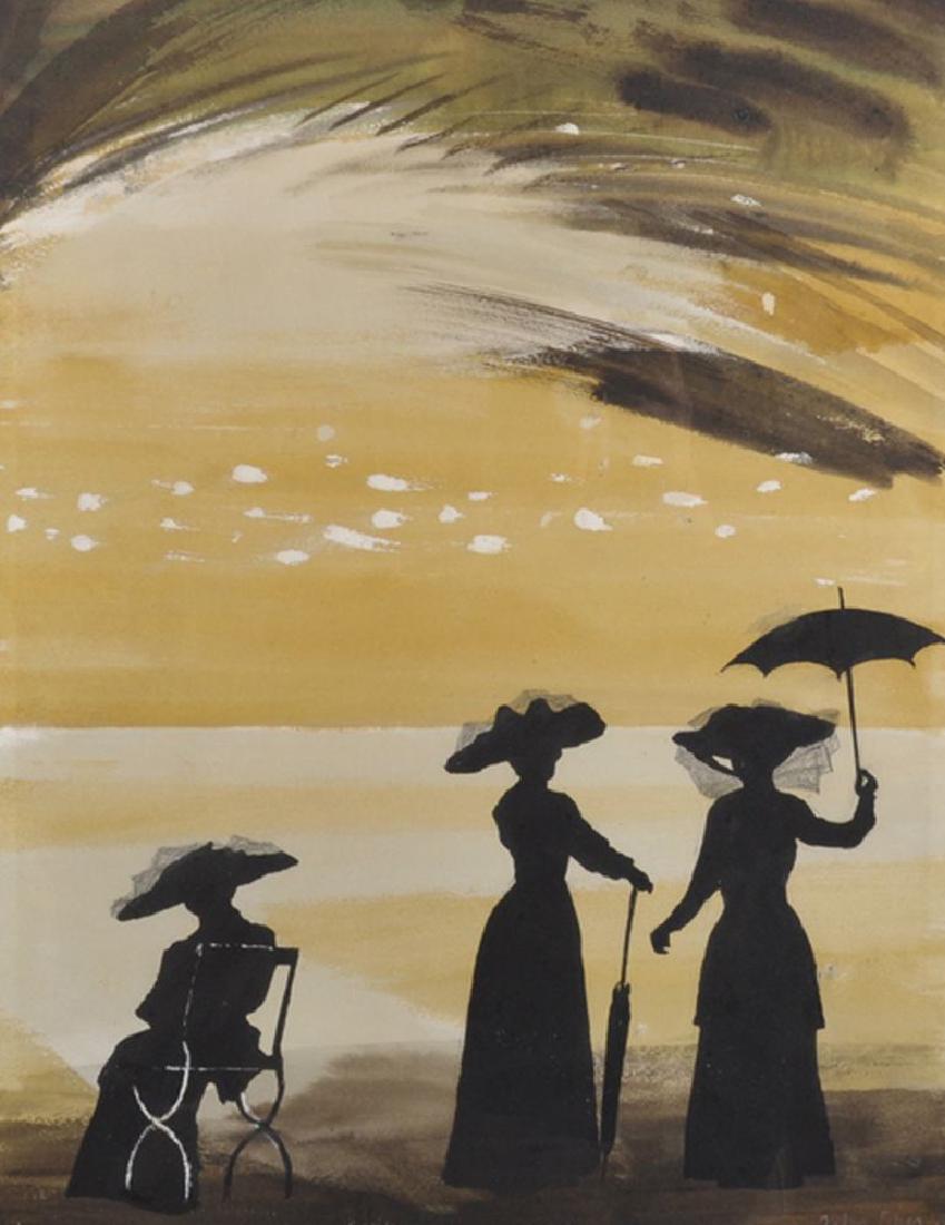 John Piper (1903-1992) British. A Landscape, with Three: John Piper (1903-1992) British. A Landscape, with Three Ladies Painted Black, one with an Umbrella, Watercolour, Wash and Ink, Signed in Pencil, 20" x 15". Provenance: The Estate of the Late Donald Mi