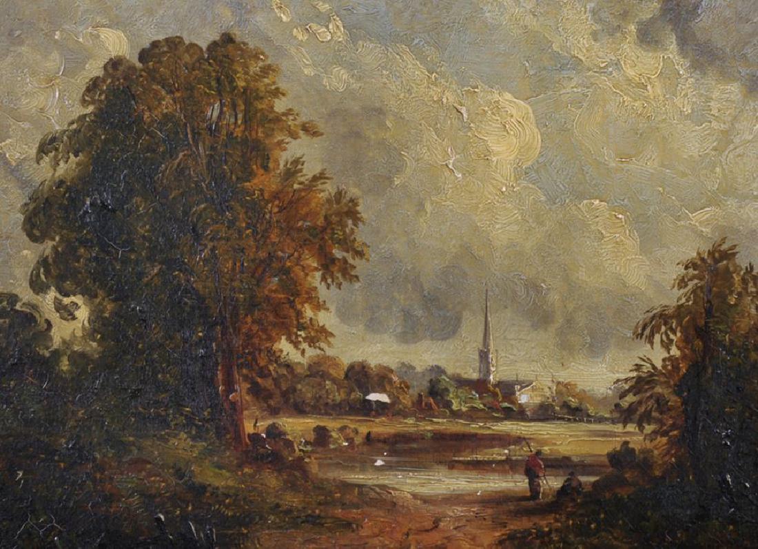 Circle of John Constable (1776-1837) British.: Circle of John Constable (1776-1837) British. "Salisbury Cathedral", a Landscape with Salisbury Cathedral in the Distance with Figures on a path by a River, Oil on Panel, Bears a Signature and Dated 1