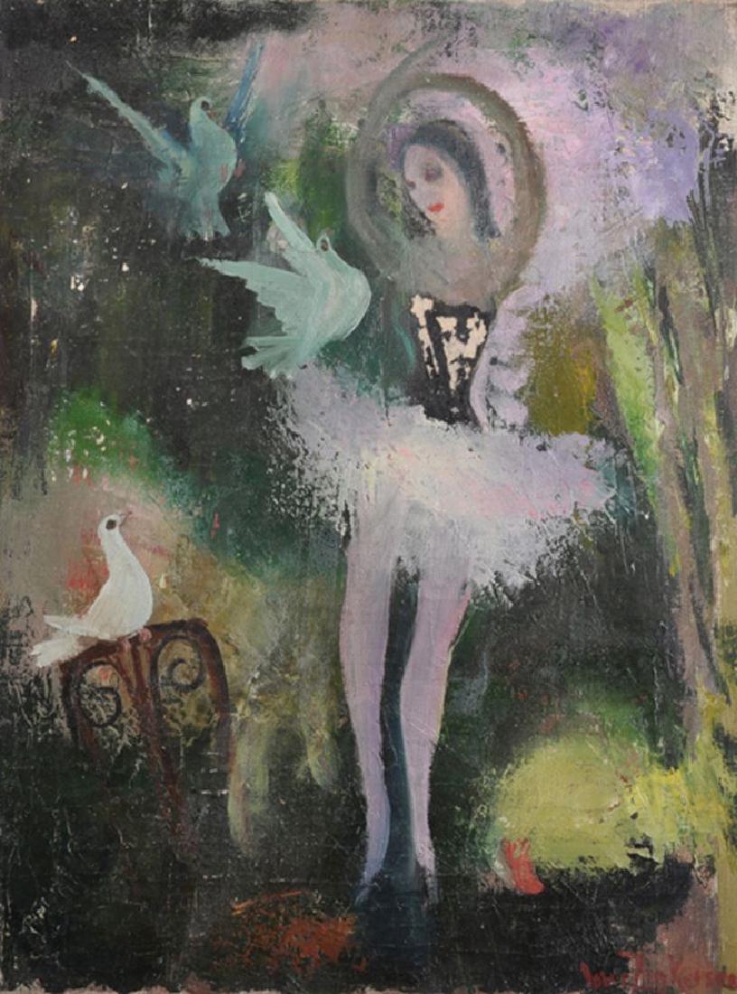 Doris Clare Zinkeisen (1898-1991) British. A Ballet: Doris Clare Zinkeisen (1898-1991) British. A Ballet Dancer with Doves, Oil on Unstretched Canvas, Signed, 17.75" x 13.5".