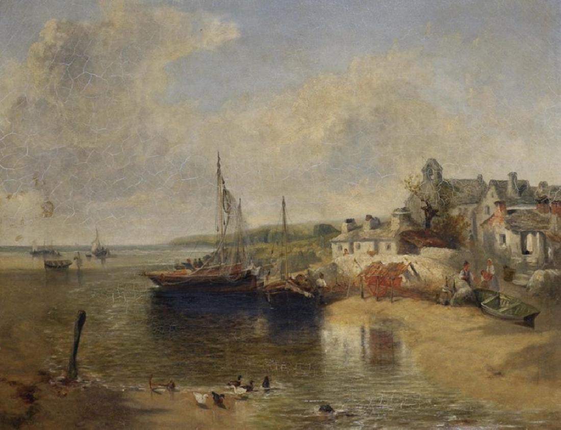 John Wright Oakes (1820-1887) British. An Isle of Man: John Wright Oakes (1820-1887) British. An Isle of Man Coastal Scene, with Boats in the Foreground, Figures on the Shore and believed to be Maughold Church on the East Coast of Isle of Man, Oil on Canv