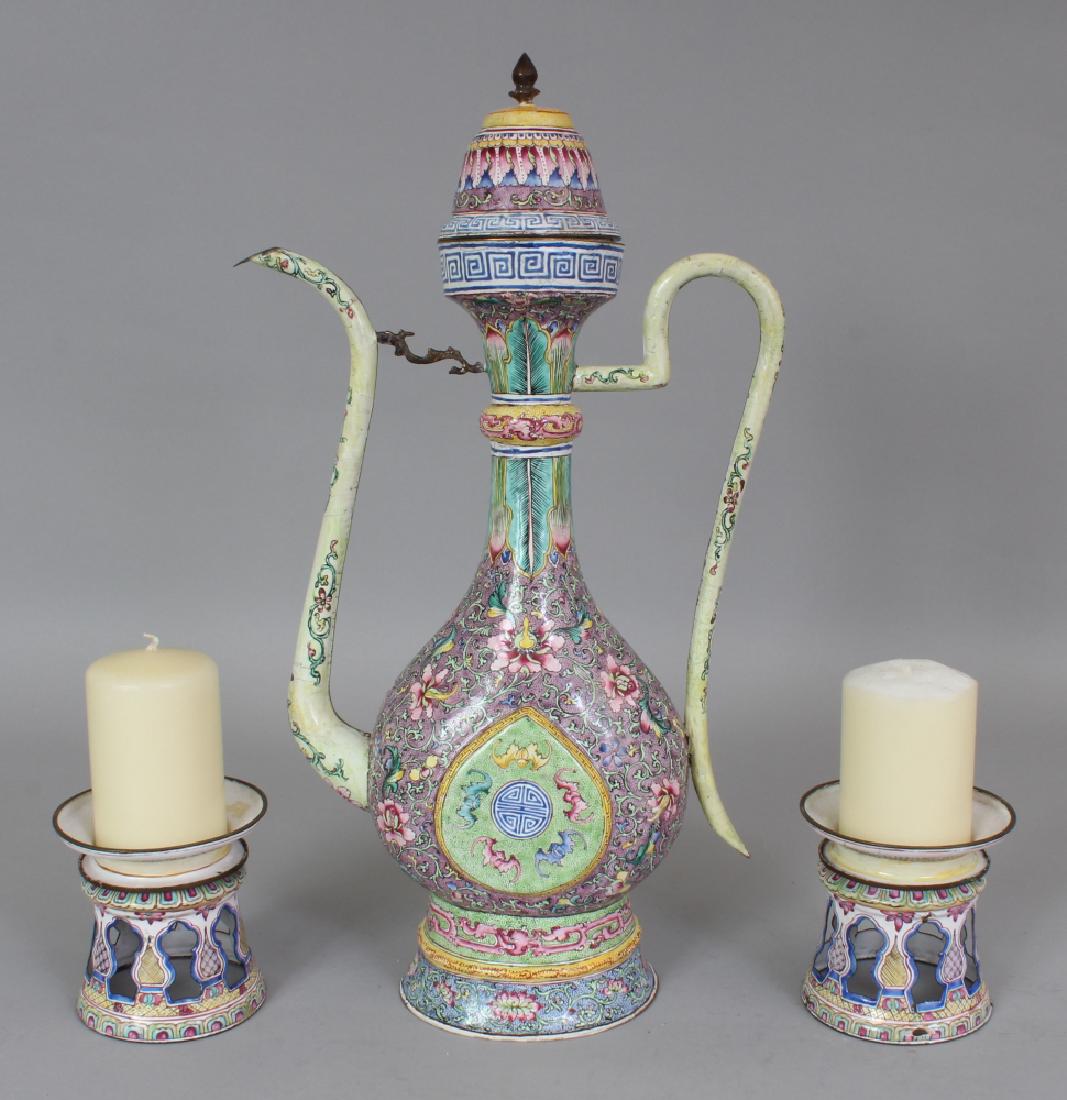 A 19TH CENTURY CHINESE CANTON ENAMEL EWER & COVER, each (1 of 10)