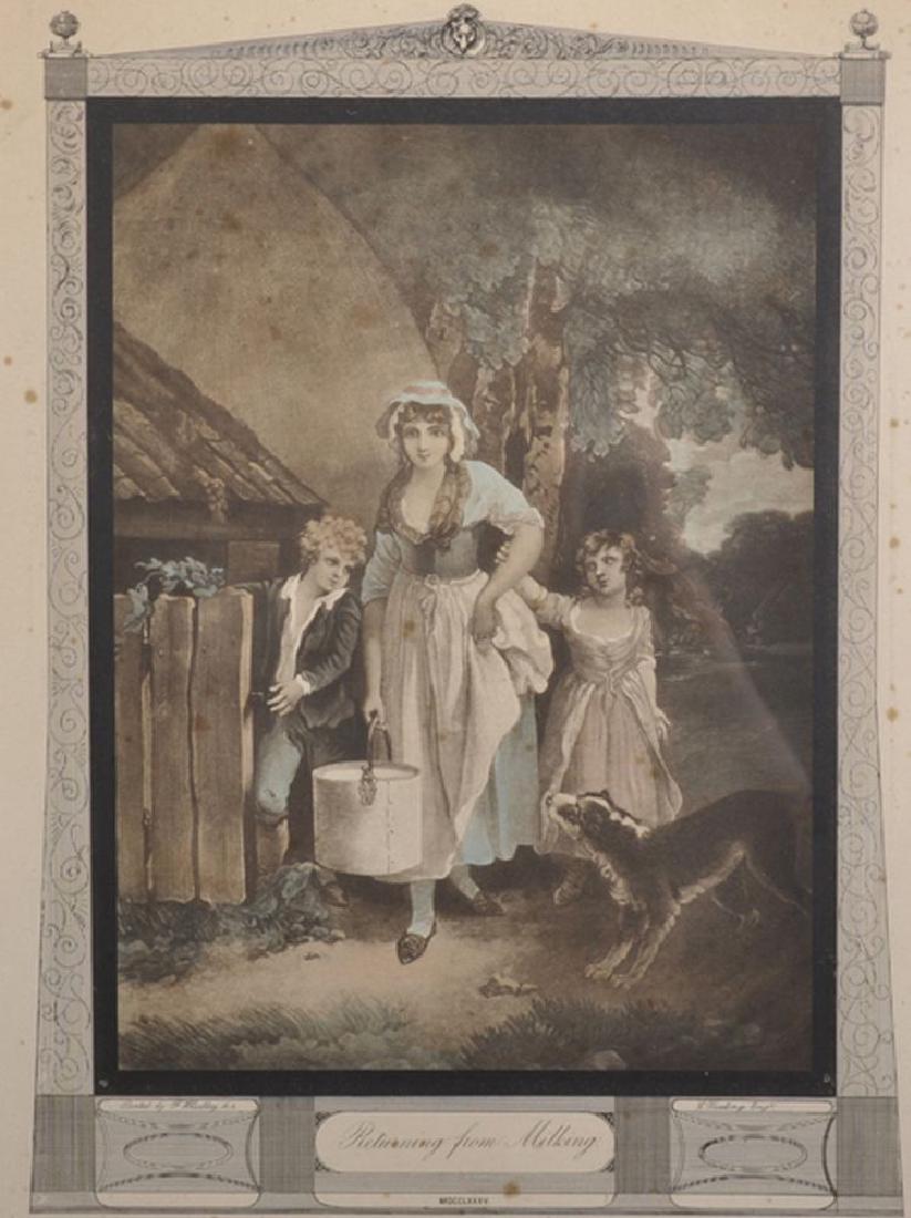 After Francis Wheatley (1747-1801) British. "Returning: After Francis Wheatley (1747-1801) British. "Returning from Milking", Print, 12" x 9", and a companion piece, a pair, together with two other Prints of Buildings, and an Urn, four (4).