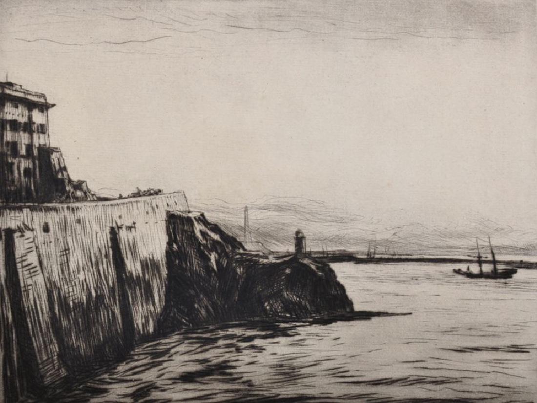 David Muirhead Bone (1876-1953) British. "Evening: David Muirhead Bone (1876-1953) British. "Evening Genoa", a Coastal Scene, with the Harbour Wall, Etching, Signed and Inscribed in Pencil, Unframed, 7.5" x 10".