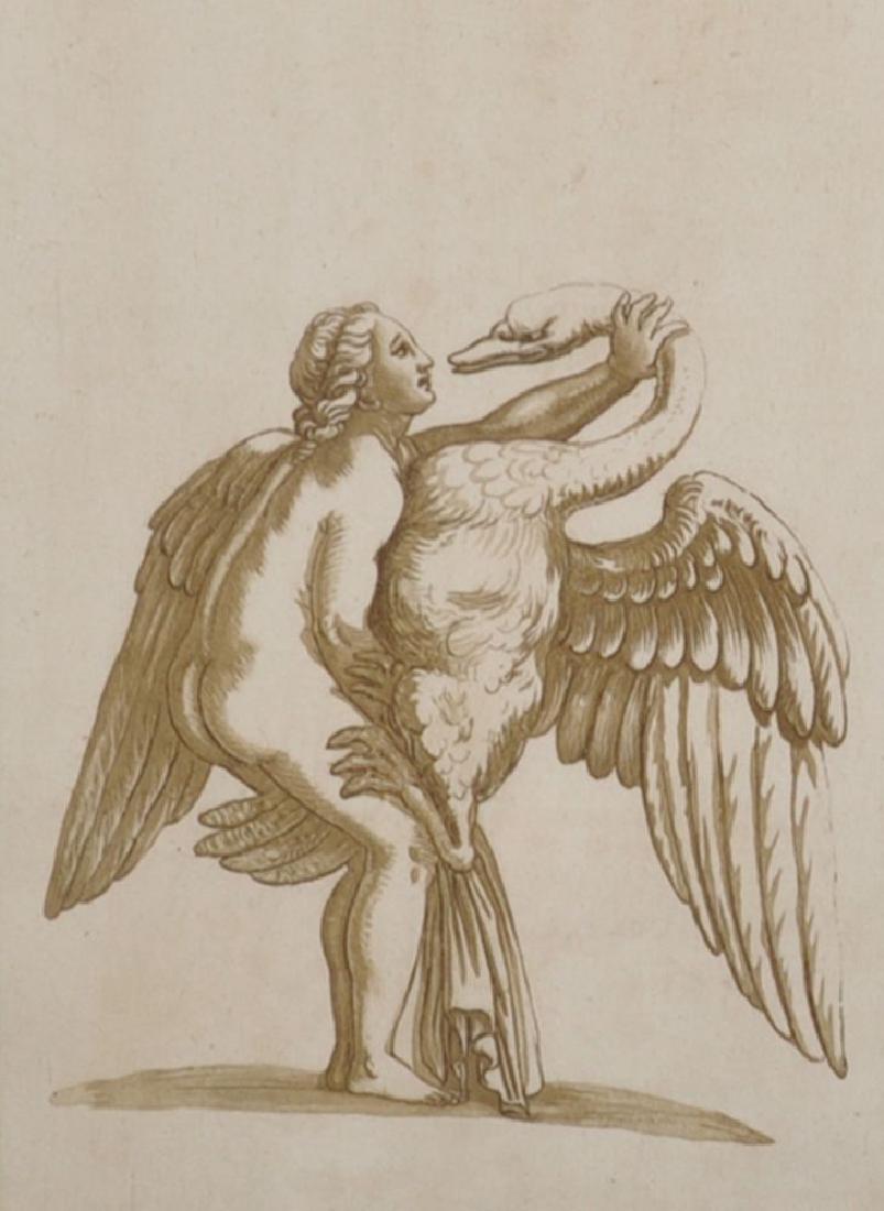 Attributed to Johann Gottlieb Prestel (1739-1808): Attributed to Johann Gottlieb Prestel (1739-1808) German after Giulio Romano (c.1499-1546) Italian. "Jupiter Jouissant de Leda", Engraving, Inscribed with Title and Numbered 17, 12.5" x 19.75".