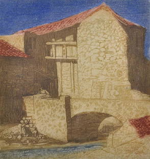 Sydney Lee (1866-1949) British. Buildings by a Stone: Sydney Lee (1866-1949) British. Buildings by a Stone Bridge, Etching in Colours, Signed in Pencil, 5" x 5".