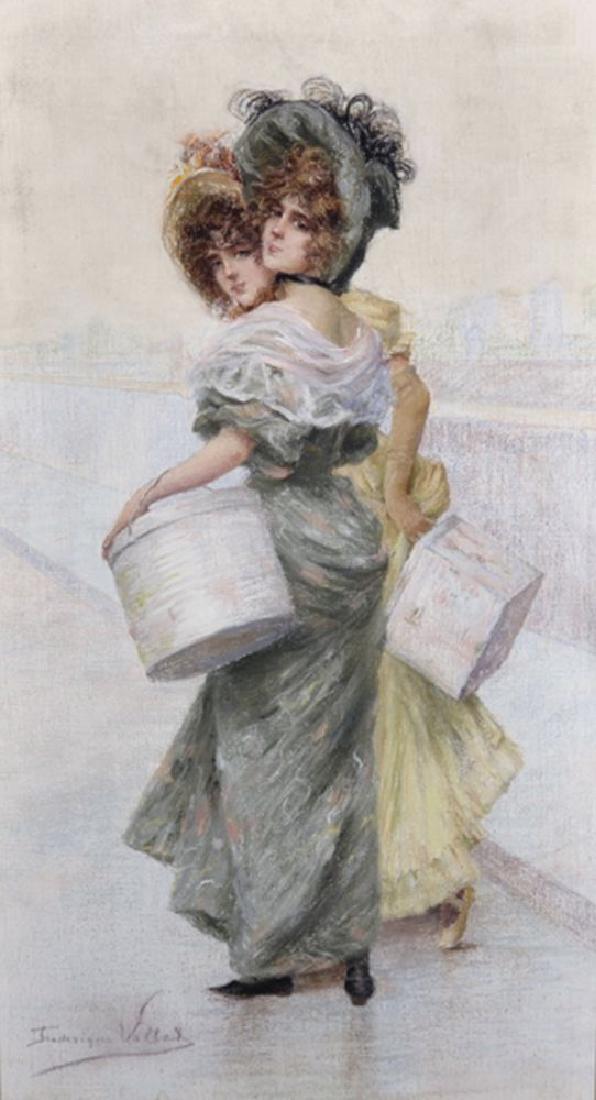 Frederique Vallet-Bisson (1865-?) French. "French: Frederique Vallet-Bisson (1865-?) French. "French Mesdames", Two Elegant Ladies in Bonnets Carrying Hatboxes, Pastel, Signed, 32" x 18". Provenance: David Messum.