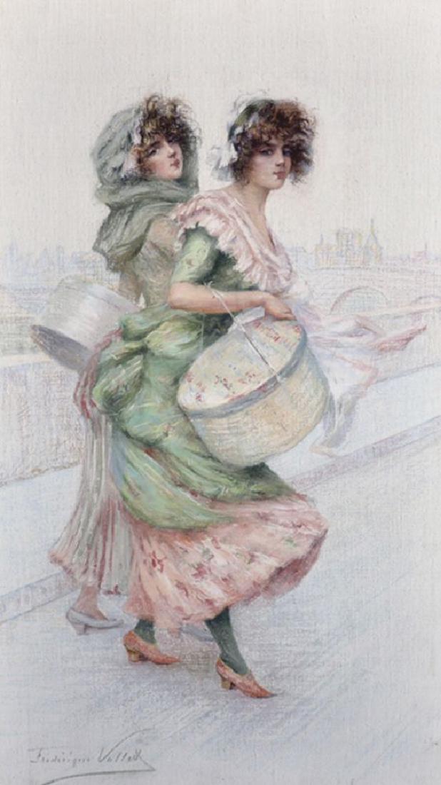 Frederique Vallet-Bisson (1865-?) French. "French: Frederique Vallet-Bisson (1865-?) French. "French Mesdames", Two Elegant Ladies Carrying Hatboxes, Walking by a River, Pastel, Signed, 32" x 18". Provenance: David Messum.