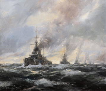 Frederick Gordon Crosby (1885-1943) British. "A Convoy: Frederick Gordon Crosby (1885-1943) British. "A Convoy of Royal Naval Battleships", Oil on Board, Signed and Dated 1911, 12.5" x 14.5", Provenance: The Bourne Gallery, Reigate.