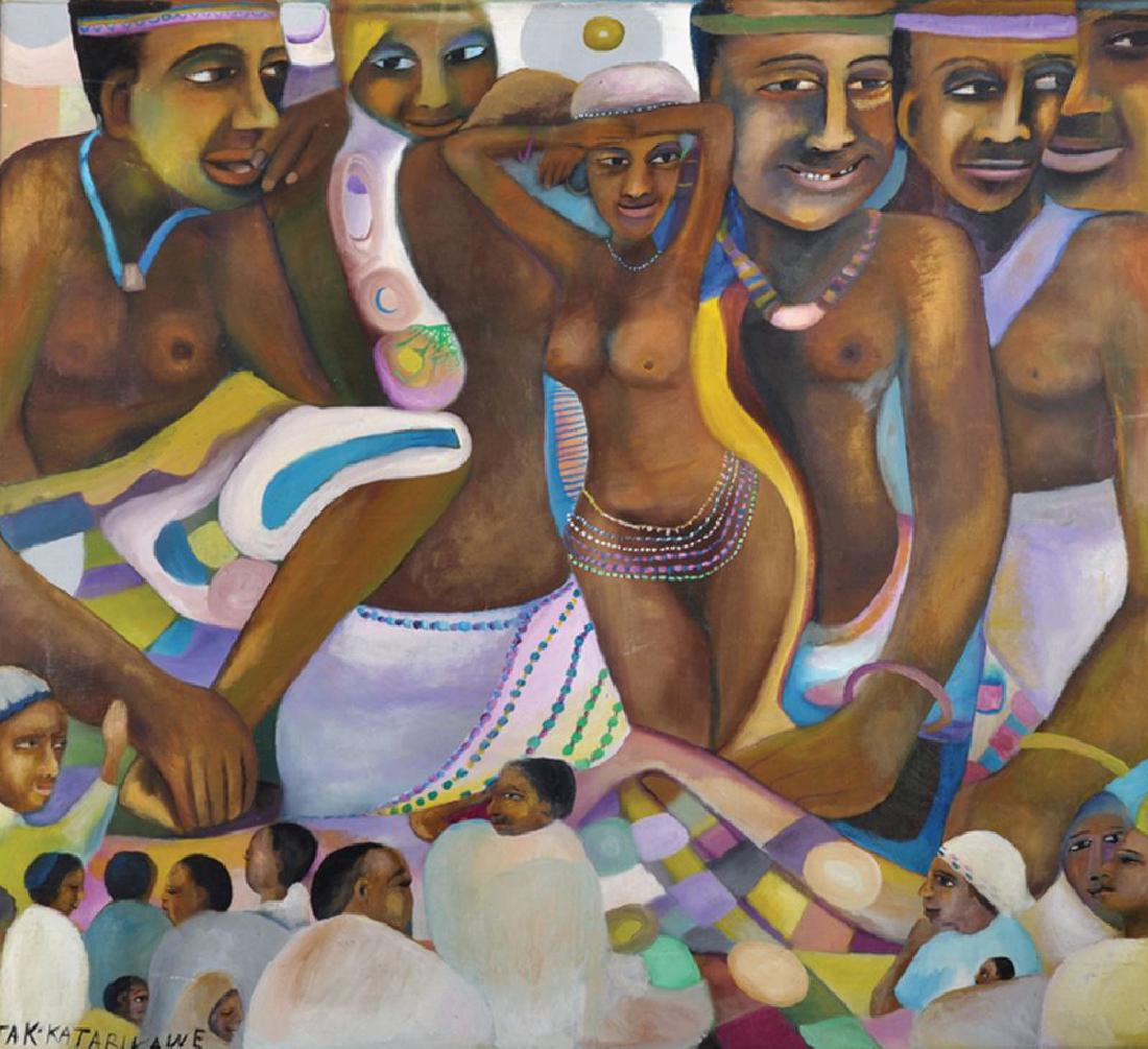 Jak Moses Katarikawe (1940- ) Ugandan. Figures with: Jak Moses Katarikawe (1940- ) Ugandan. Figures with Children, Oil on Canvas, Signed, 35.25" x 38.5".