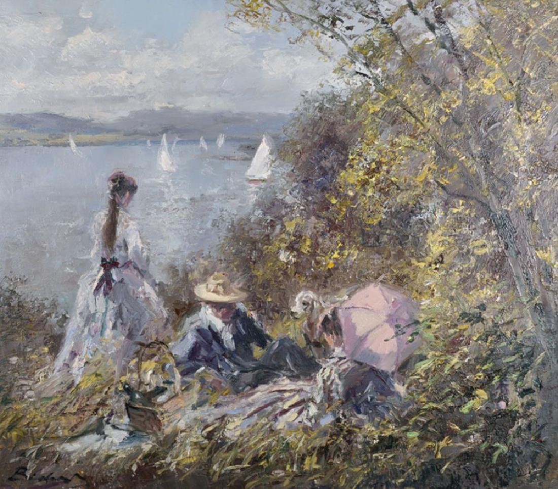 Hans Joseph Wilhelm Becker (1930-2013) German. The: Hans Joseph Wilhelm Becker (1930-2013) German. The Picnic, Elegant Figures on the Banks of a Lake with Sailing Beyond, Oil on Canvas, Signed, 28" x 31.5". Provenance: Omell Galleries, Windsor, Berkshi