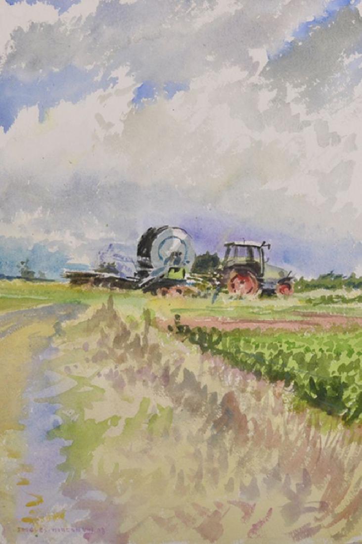 Howard Morgan (1949- ) British. "Soogley", Study of: Howard Morgan (1949- ) British. "Soogley", Study of a Tractor with a Water hose, Watercolour, Signed, Inscribed and Dated 'VIII 08', with Studio Stamp on Reverse, 23" x 15".