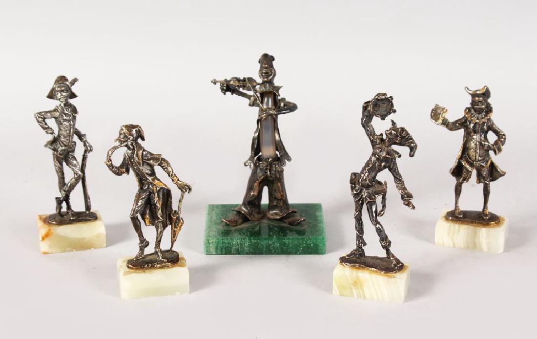 FIVE CONTINENTAL SILVER MUSICIANS ETC on marble bases.: FIVE CONTINENTAL SILVER MUSICIANS ETC on marble bases.