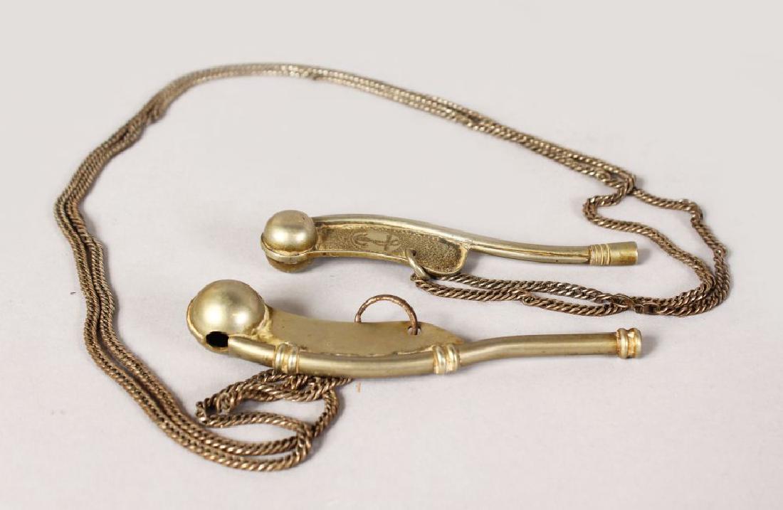 TWO PLATE BOSUN'S WHISTLES on long chain. (1 of 1)