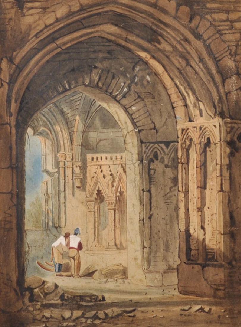 Circle of John Skinner Prout (1806-1876) British.: Circle of John Skinner Prout (1806-1876) British. Figures in a Ruined Abbey, Watercolour, 11" x 8", and the companion piece, a pair, (2).