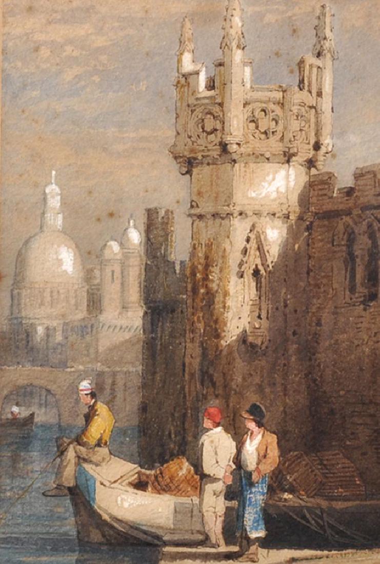 Circle of John Skinner Prout (1806-1876) British.: Circle of John Skinner Prout (1806-1876) British. "Portico of Octavia", Figures standing in a Ruined Temple, Watercolour, Inscribed on reverse, 3.5" x 2.5", and a pair by the same hand, three (3).