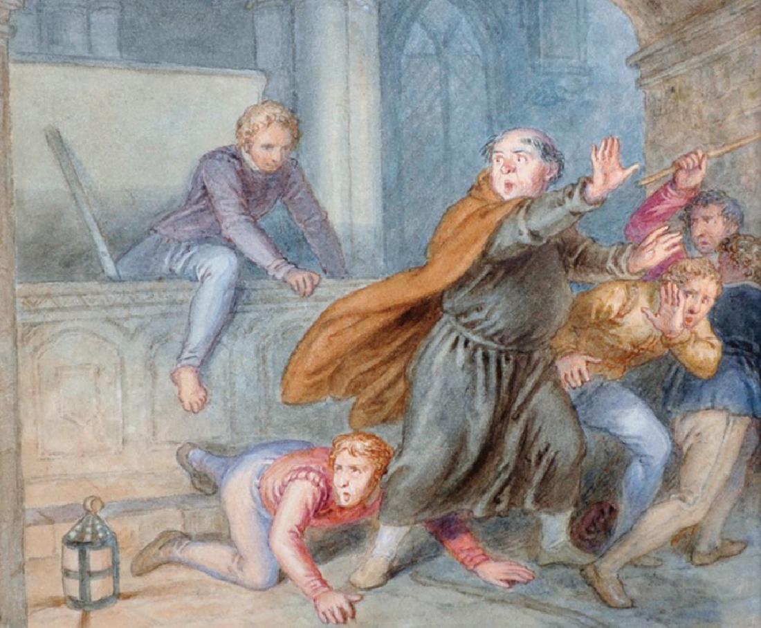 John Massey Wright (1777-1866) British. 'The Fright',: John Massey Wright (1777-1866) British. 'The Fright', with Figures in a Church, Watercolour, 5.25" x 6.25". Provenance; Abbott & Holder.