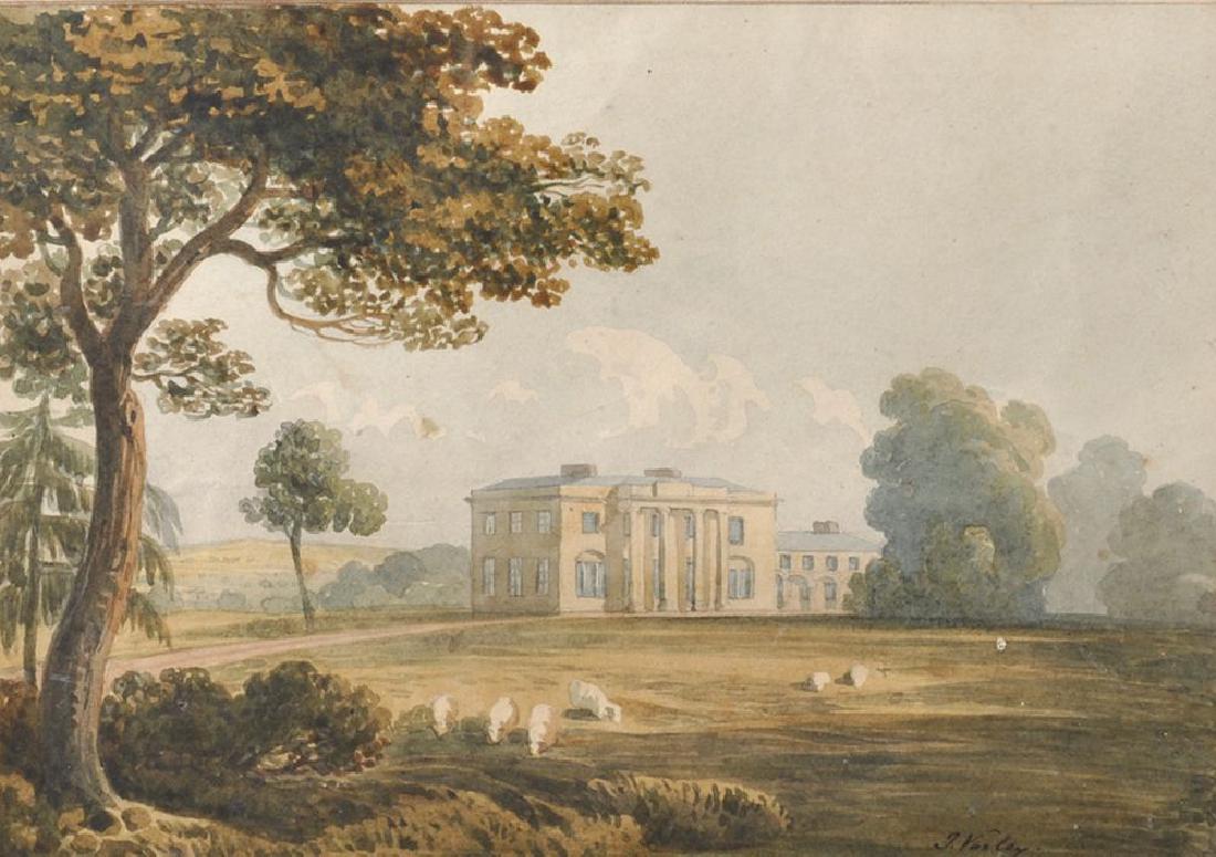John Varley (1778-1842) British. "Digswell" (Digswell: John Varley (1778-1842) British. "Digswell" (Digswell House, Hertfordshire), A Georgian House with Sheep in the Foreground, Watercolour, Signed, and Inscribed on the mount, 6.5" x 9.25". Provenance: T