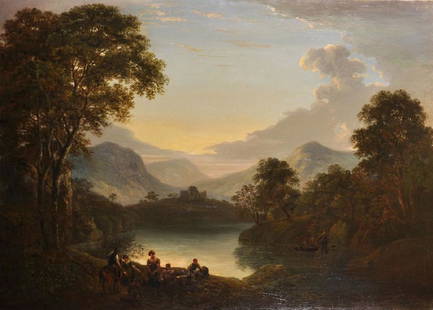 William Traies (1789-1872) British. A Mountainous River: William Traies (1789-1872) British. A Mountainous River Landscape with Figures in the Foreground, Oil on Canvas, Indistinctly Signed and Dated, Unframed, 25" x 36.5".