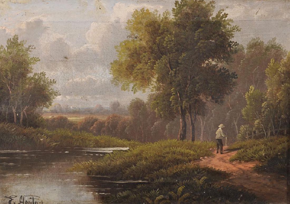 Etty Horton (act. 1884-1918) British. A River Landscape: Etty Horton (act. 1884-1918) British. A River Landscape with a Figure on a Path, Oil on Canvas, Signed, 10" x 14", and the companion piece a pair, (2).