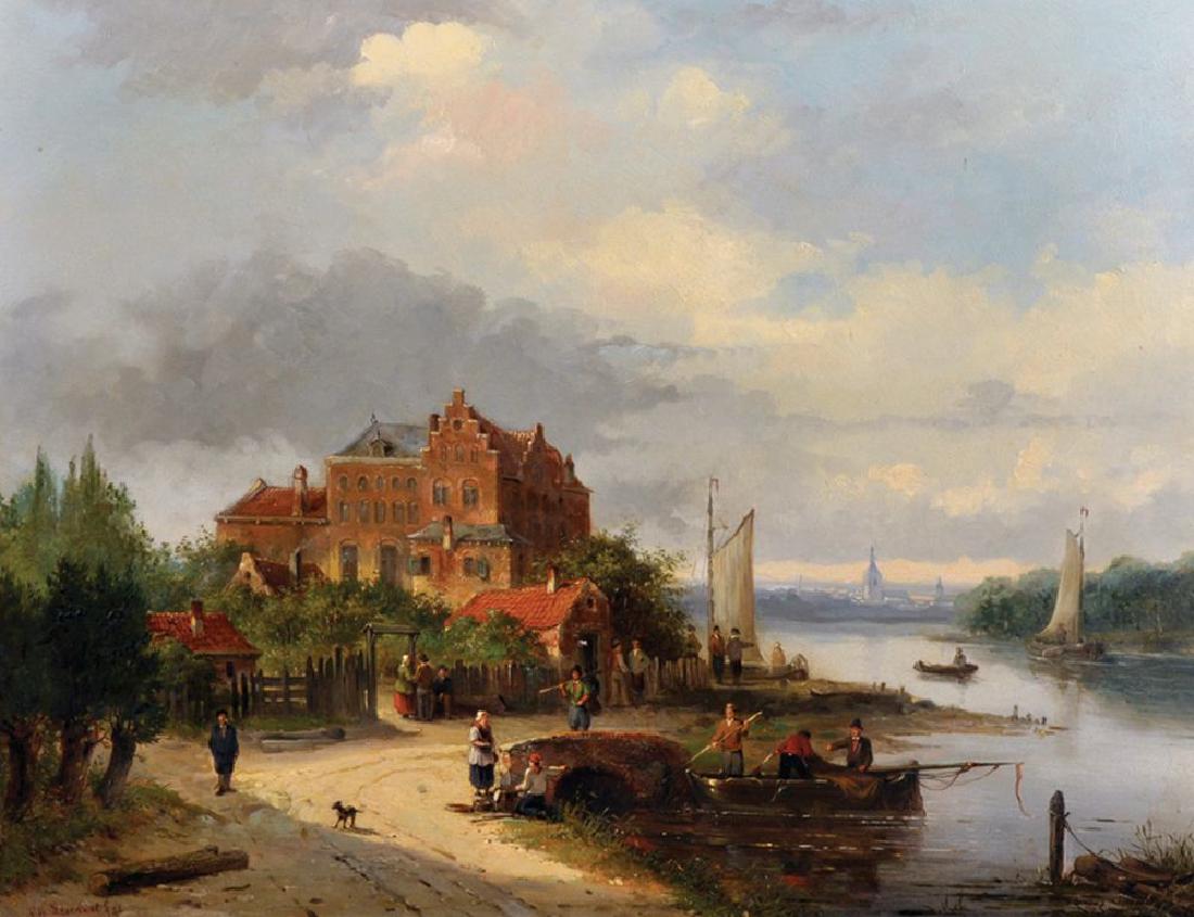 Charles Henri Joseph Leickert (1816-1907) Belgian. A: Charles Henri Joseph Leickert (1816-1907) Belgian. A Dutch River Landscape, with Figures and Boats in the foreground, and a House Beyond, with a Church Spire in the distance, Oil on Panel, Signed, Ins