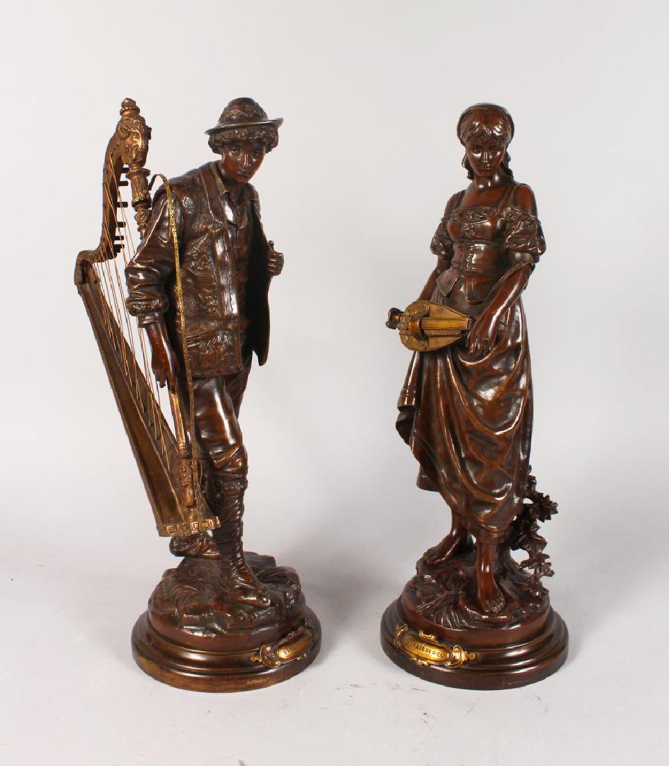 EUTROPE BOURET (1833-1906) FRENCH A SUPERB PAIR OF: EUTROPE BOURET (1833-1906) FRENCH A SUPERB PAIR OF BRONZES, "LA GRACE DE DIEU" and "SANS FAMILLE". 19ins high. Signed, with medaille stamp on circular marble bases.