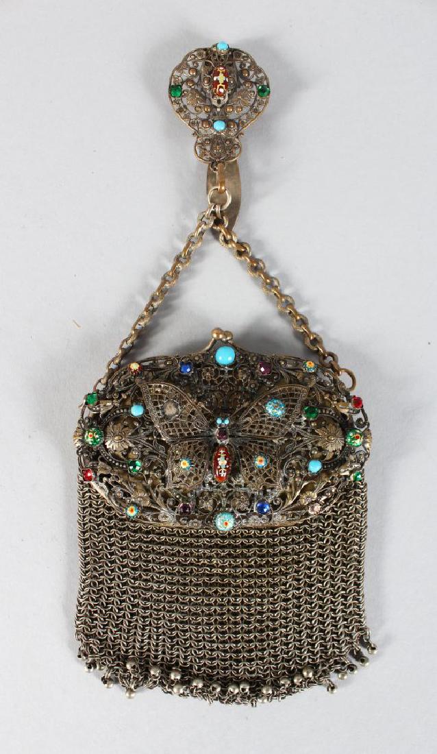 A CHAIN EVENING BAG with coloured stones. (1 of 1)