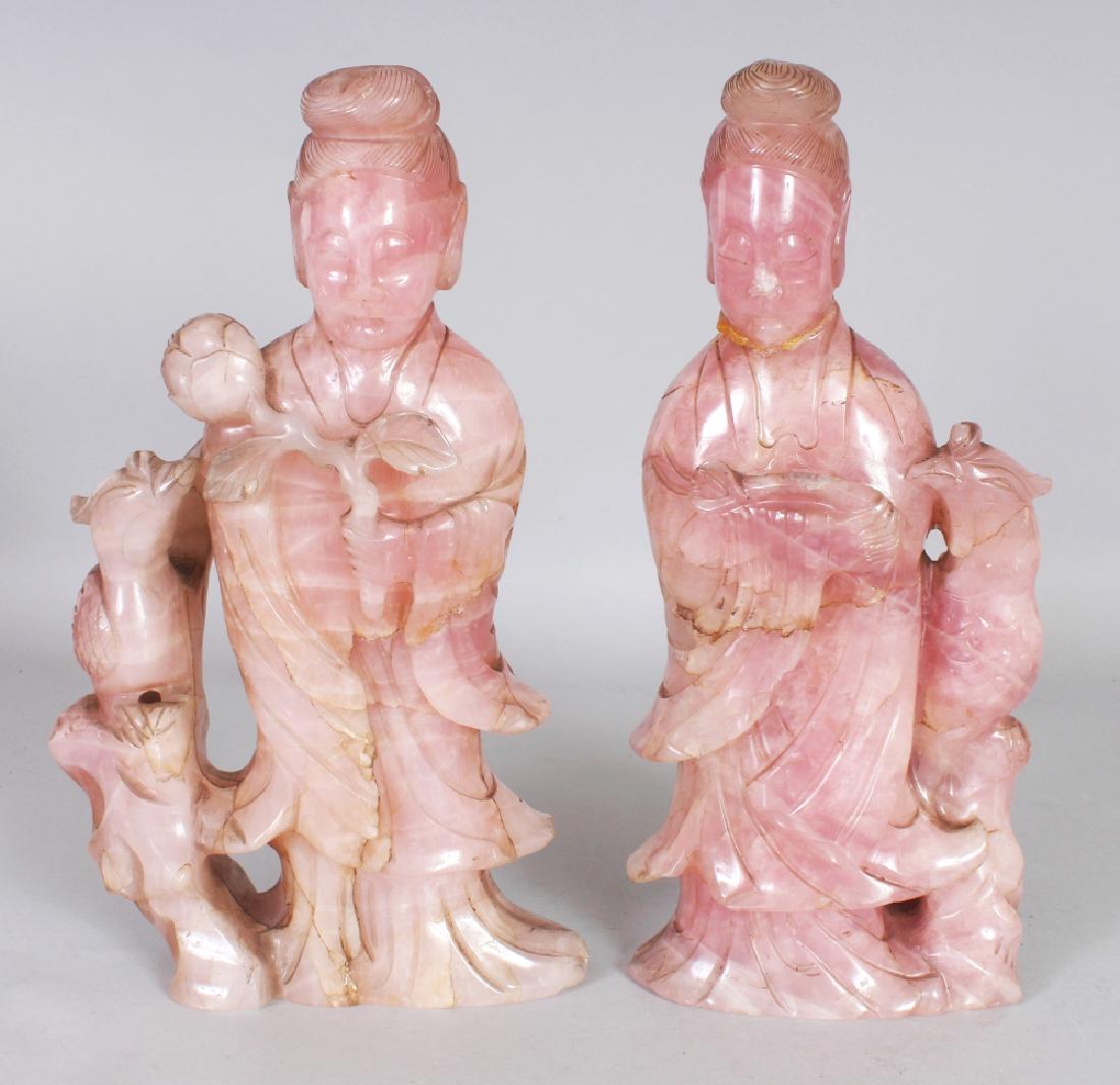A LARGE PAIR OF EARLY 20TH CENTURY CHINESE ROSE QUARTZ (1 of 7)