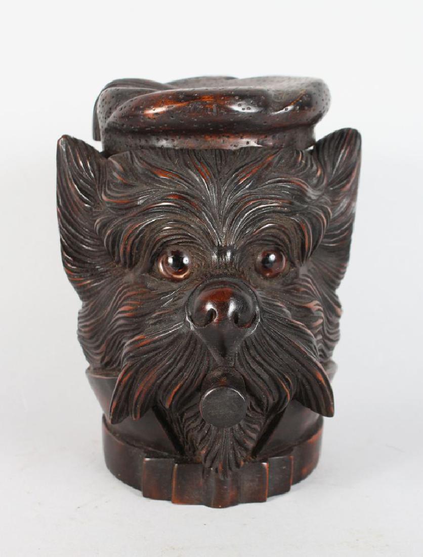 A "BLACK FOREST" CARVED WOOD DOG SMOKING TOBACCO JAR, (1 of 2)