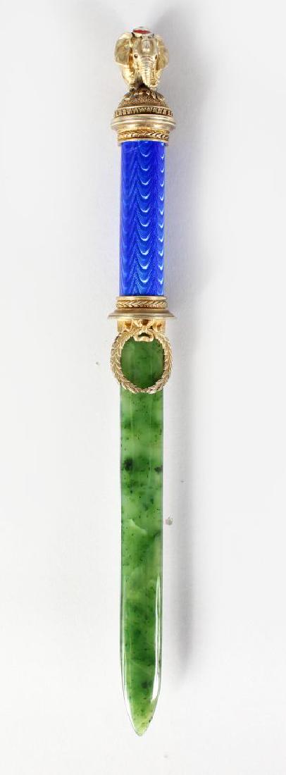 A GOOD RUSSIAN FABERGE STYLE NEPHRITE AND ENAMEL LETTER: A GOOD RUSSIAN FABERGE STYLE NEPHRITE AND ENAMEL LETTER OPENER 10in long