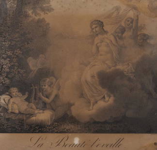 Dissart after Jean Baptiste Mallet (1759-1835) French.: Dissart after Jean Baptiste Mallet (1759-1835) French. "La Beaute l'eveille", Engraving, in a Hollow Gilt Frame, 13" x 14".