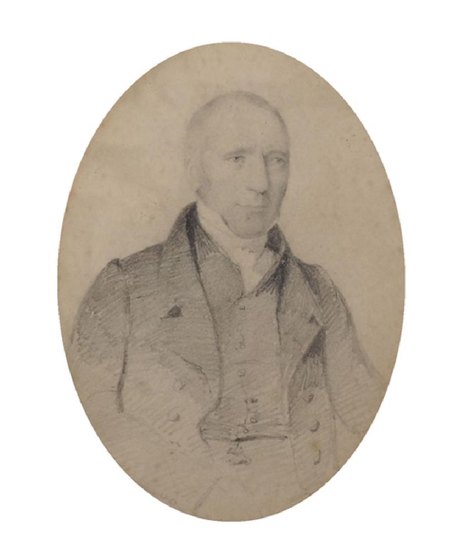 John Scarlett Davis (1804-1845) British. Portrait of: John Scarlett Davis (1804-1845) British. Portrait of George Crowther (1779-1852) of Laneside Mills, Churwell, Near Leeds, Pencil, Oval, 5.25" x 4".