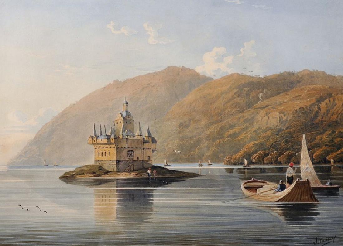 John Varley (1778-1842) British. 'A Gothic Keep', with: John Varley (1778-1842) British. 'A Gothic Keep', with Figures in Boats, Watercolour, Signed, 10" x 13.75".