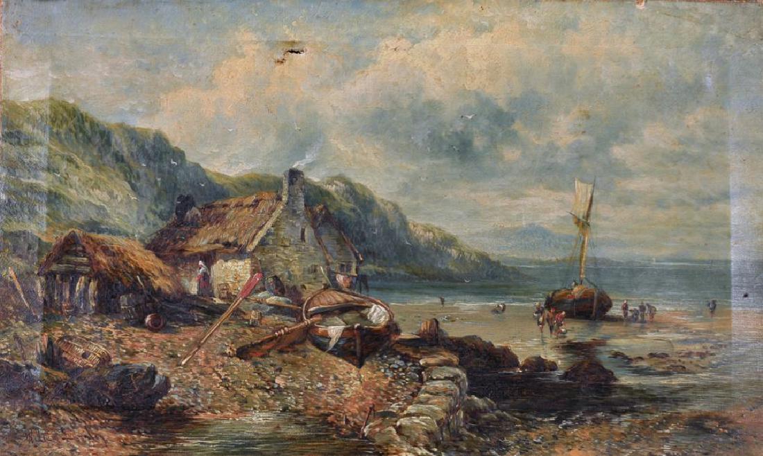 William Langley (act.1880-1920) British. A Coastal: William Langley (act.1880-1920) British. A Coastal Scene with Thatched Cottages and Beach Vessels with Figures in the Distance, Oil on Canvas, Signed, Unframed, 12" x 20".