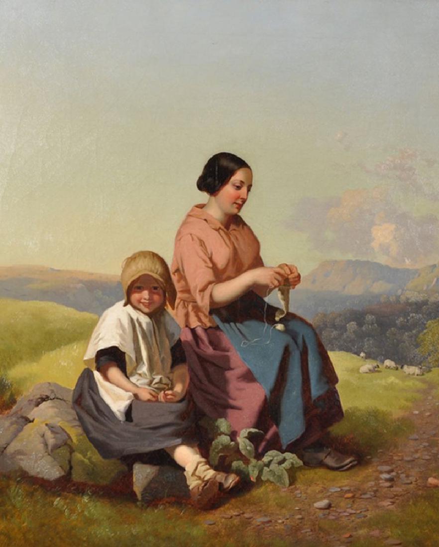 Henry Hetherington Emmerson (1831-1895) British. Mother: Henry Hetherington Emmerson (1831-1895) British. Mother and Child Sewing, Sitting in a Landscape with Sheep in the distance, Oil on Canvas, 24" x 20".