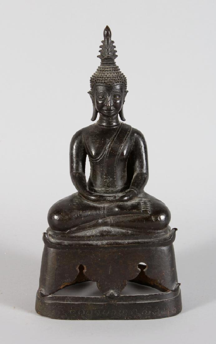 A Bronze Figure of Buddha, Laos, 16th/17th century,: A Bronze Figure of Buddha, Laos, 16th/17th century, seated in sattvasana on a raised openwork throne, his hands in dhyana mudra, with elongated earlobes, tightly curled hair and tall usnisa in the for