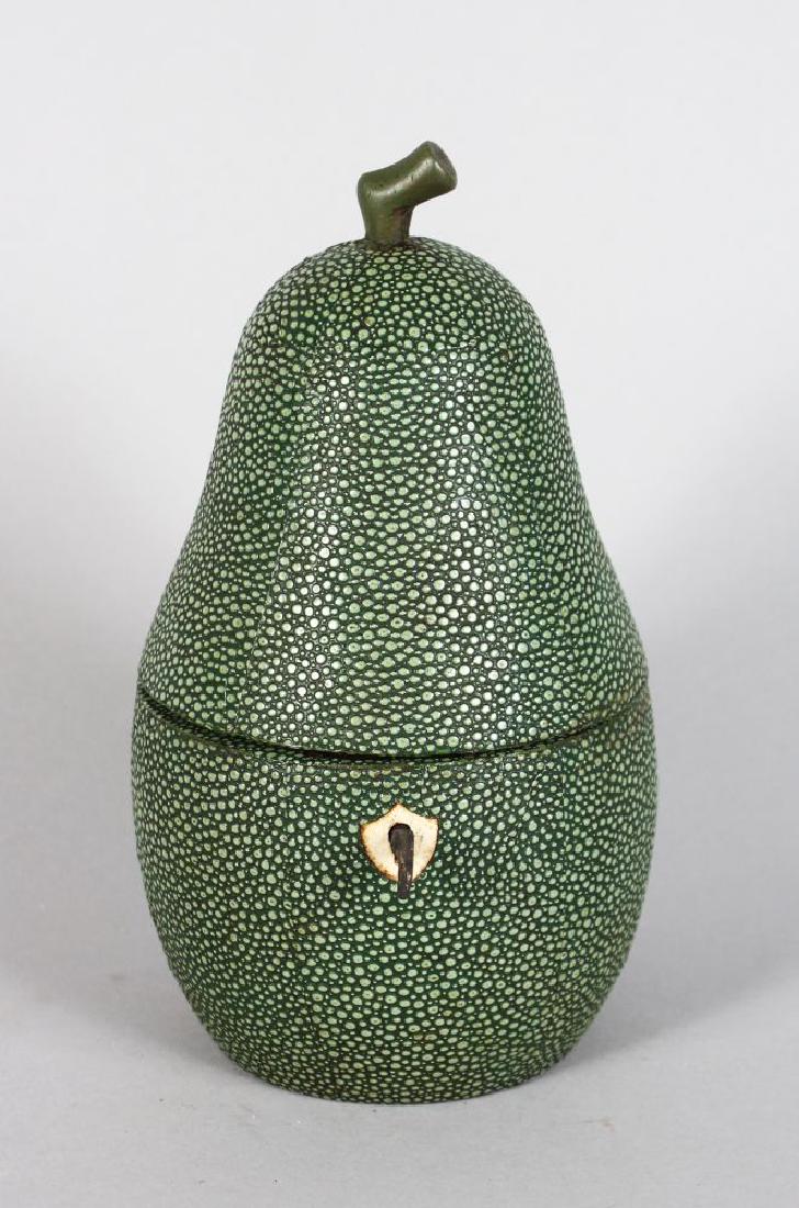A SHAGREEN PEAR SHAPED TEA CADDY.  7.5ins high. (1 of 2)