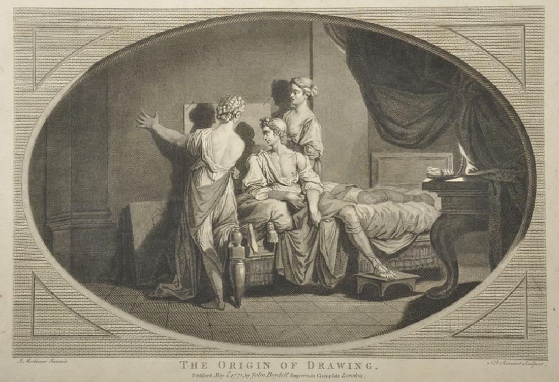 Simon Francois Ravenet (1706-1774) French after John: Simon Francois Ravenet (1706-1774) French after John Hamilton Mortimer (1741-1779) British. "The Origin of Drawing", Engraving, Published May 1st, 1771, Oval, Unframed, 8" x 12", and other Engravings