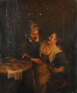 Follower of Cornelis Pietersz Bega (c.1620/32-1664): Follower of Cornelis Pietersz Bega (c.1620/32-1664) Dutch. An Amorous Couple in an Interior, Oil on Panel, Wax Seal on reverse, 12" x 10". Provenance: Frau Georg Th. Pschore, thence by decent to Anton