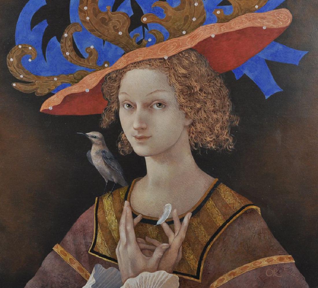 Olga Oreshnikov (20th/21st Century) Russian. "Ethereal: Olga Oreshnikov (20th/21st Century) Russian. "Ethereal Visitor", A Portrait of a Lady with a Bird on her Shoulder, Oil on Panel, Signed with Initials 'OR', and Inscribed on a label on reverse, 17.5" x