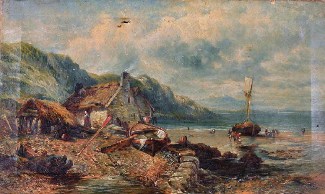 William Langley (act.1880-1920) British. A Coastal: William Langley (act.1880-1920) British. A Coastal Scene with Thatched Cottages and Beach Vessels with Figures in the Distance, Oil on Canvas, Signed, Unframed, 12" x 20".