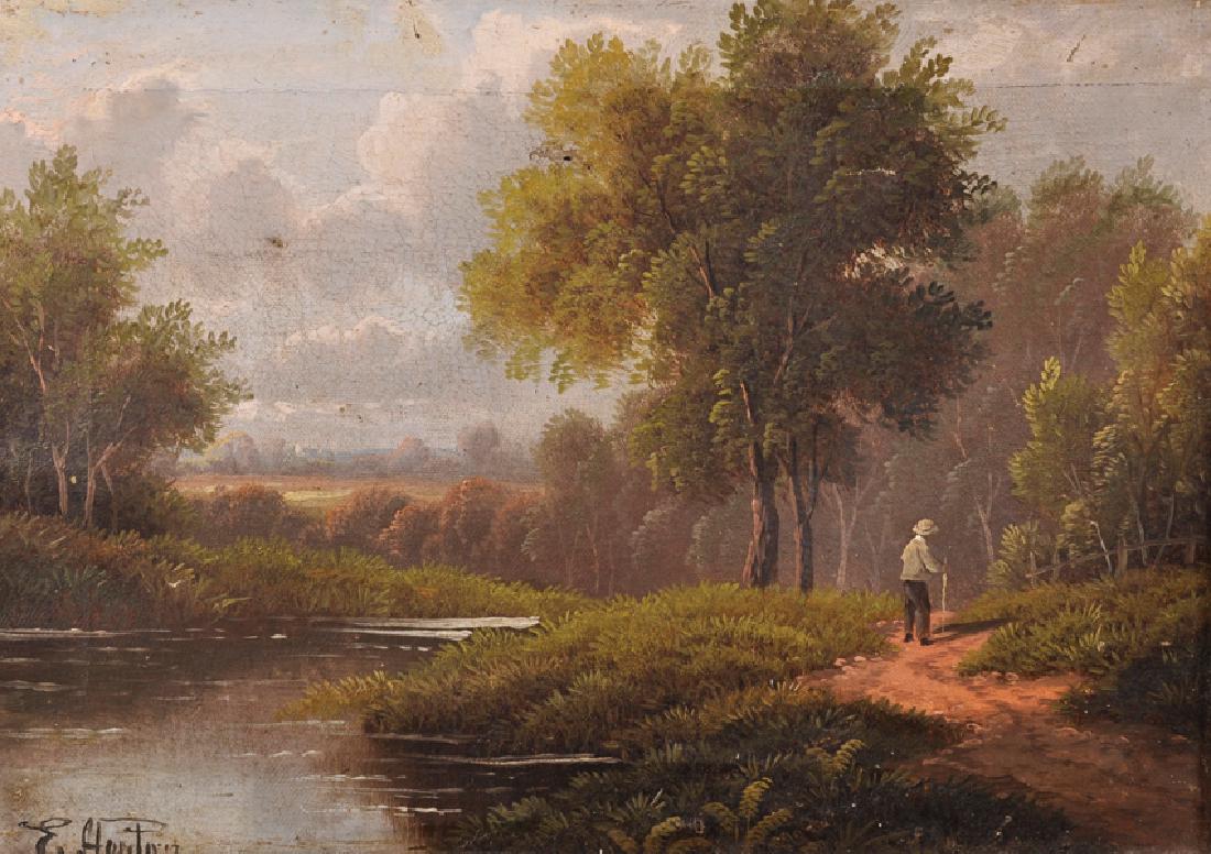 Etty Horton (act. 1884-1918) British. A River Landscape: Etty Horton (act. 1884-1918) British. A River Landscape with a Figure on a Path, Oil on Canvas, Signed, 10" x 14", and the companion piece a pair, (2).