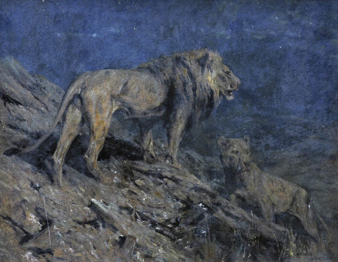 Arthur Wardle (1864-1949) British. "Lions at Midnight",: Arthur Wardle (1864-1949) British. "Lions at Midnight", Oil on Board, Signed, and Inscribed on a plaque, 15" x 20.5".